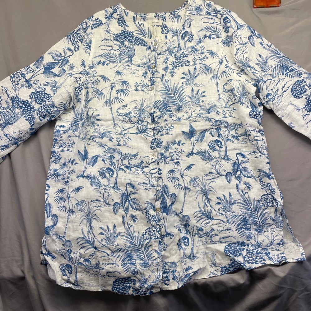 Joie Blue White Tropical Toile Print Linen Button Down Shirt Plus Size 1X
